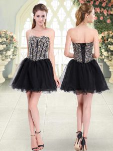 A-line Prom Party Dress Black Sweetheart Tulle Sleeveless Mini Length Lace Up