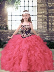 Floor Length Coral Red Pageant Gowns For Girls Straps Sleeveless Lace Up