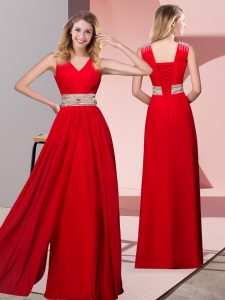 Red Lace Up Prom Gown Beading Sleeveless Floor Length