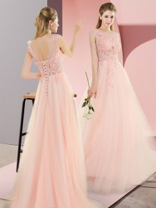 Pink Prom Dress Prom and Party and Military Ball with Beading and Lace and Appliques Scoop Sleeveless Lace Up