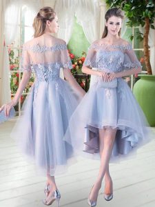 Appliques Prom Dress Light Blue Lace Up Half Sleeves High Low