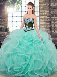 Vintage Sleeveless Embroidery and Ruffles Lace Up Quinceanera Gowns with Aqua Blue Sweep Train
