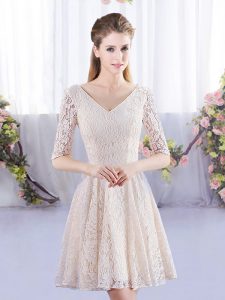 New Style Champagne Empire V-neck Half Sleeves Lace Mini Length Lace Up Bridesmaid Gown