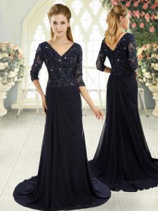 Custom Fit Navy Blue V-neck Zipper Beading and Lace and Appliques Homecoming Dress Sweep Train Half Sleeves