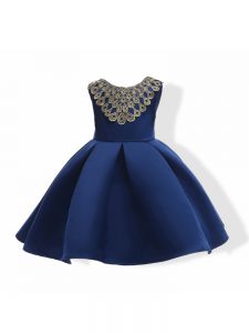 Customized Appliques and Bowknot Pageant Dresses Navy Blue Zipper Sleeveless Mini Length