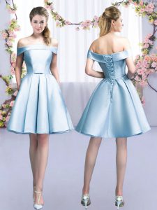 Charming Light Blue Lace Up Off The Shoulder Belt Quinceanera Court of Honor Dress Satin Sleeveless