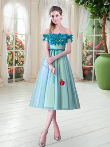 Enchanting Aqua Blue Sleeveless Appliques Tea Length Prom Evening Gown