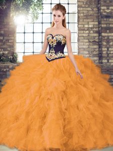 Customized Orange Organza Lace Up Sweet 16 Dresses Sleeveless Floor Length Beading and Embroidery