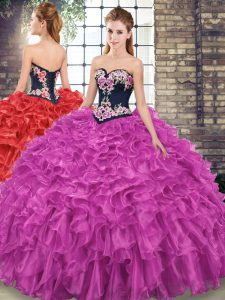 Fuchsia Lace Up Sweetheart Embroidery and Ruffles Ball Gown Prom Dress Organza Sleeveless Sweep Train