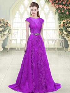 Purple Scoop Neckline Lace and Appliques and Pick Ups Evening Dress Cap Sleeves Zipper