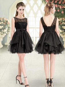Sophisticated Mini Length Black Prom Dresses Scoop Sleeveless Lace Up
