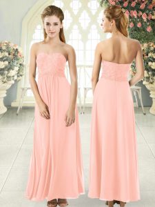 Decent Peach Sleeveless Ankle Length Lace Zipper Prom Dresses
