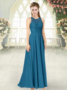 Dynamic Teal Empire Chiffon Scoop Sleeveless Lace Floor Length Backless Prom Dresses