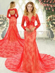 On Sale Red Mermaid Lace Homecoming Dress Backless Tulle Long Sleeves