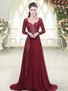 Burgundy Sweetheart Zipper Beading and Appliques Dress for Prom Brush Train Long Sleeves