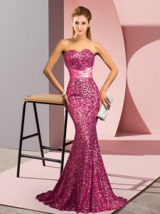 Sweetheart Sleeveless Sweep Train Backless Dress for Prom Pink Sequined