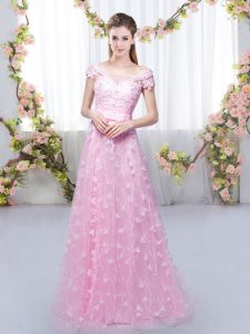 Rose Pink Bridesmaid Gown Prom and Party and Wedding Party with Appliques Off The Shoulder Cap Sleeves Lace Up