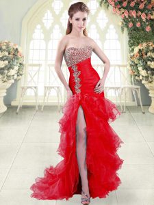 Organza Sweetheart Sleeveless Brush Train Lace Up Beading and Ruffled Layers Evening Dress in Red