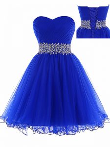 Custom Design Royal Blue A-line Ruching Prom Dresses Lace Up Tulle Sleeveless Mini Length