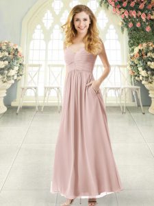 Pink Spaghetti Straps Criss Cross Ruching Prom Dress Sleeveless