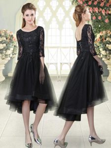 Superior Half Sleeves High Low Lace Lace Up Homecoming Dress with Black
