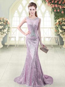 Decent Lilac Scoop Neckline Beading and Sequins Prom Evening Gown Sleeveless Zipper