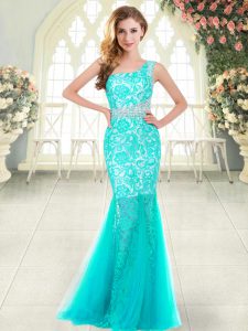 Attractive Sleeveless Floor Length Beading and Lace Zipper Prom Dresses with Aqua Blue