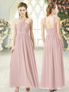 Perfect Pink Halter Top Zipper Ruching Prom Evening Gown Sleeveless