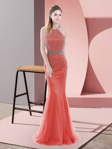 Glittering Tulle Halter Top Sleeveless Sweep Train Backless Beading Prom Evening Gown in Red