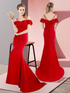 Red Sleeveless Satin Sweep Train Lace Up Prom Dress for Prom and Party and Military Ball