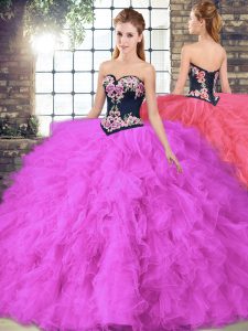 Sweetheart Sleeveless Sweet 16 Quinceanera Dress Floor Length Beading and Embroidery Fuchsia Tulle
