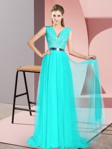 Turquoise V-neck Zipper Beading and Lace Prom Dress Sweep Train Sleeveless