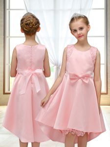 Luxurious High Low Pink Flower Girl Dresses for Less Satin Sleeveless Lace and Bowknot
