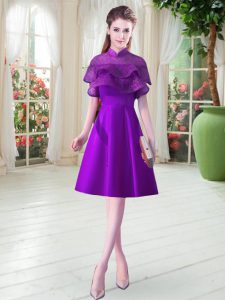 Eggplant Purple Lace Up Prom Gown Ruffled Layers Cap Sleeves Knee Length