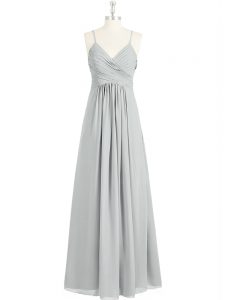 Sophisticated Grey Empire Ruching Prom Evening Gown Backless Chiffon Sleeveless Floor Length