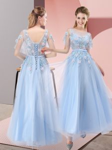 Super Scoop Short Sleeves Prom Party Dress Floor Length Appliques Light Blue Tulle