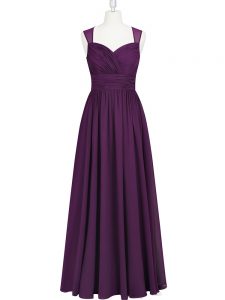 Charming Eggplant Purple Chiffon Zipper Dress for Prom Sleeveless Floor Length Ruching