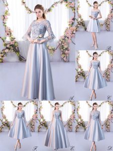 Fantastic Scoop 3 4 Length Sleeve Bridesmaid Dresses Floor Length Lace Silver Satin
