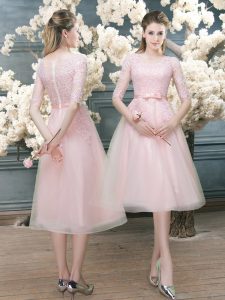 Admirable Pink Half Sleeves Lace Tea Length Prom Dress