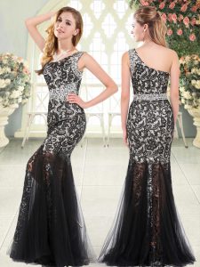 Sweet Tulle One Shoulder Sleeveless Zipper Beading and Lace Formal Evening Gowns in Black