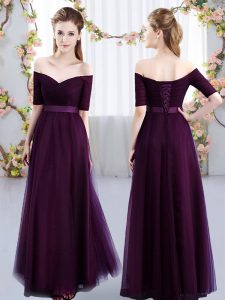 Custom Design Floor Length Dark Purple Bridesmaid Dress Off The Shoulder Short Sleeves Lace Up