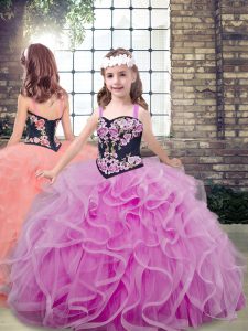 Discount Sleeveless Tulle Floor Length Lace Up Pageant Gowns in Lilac with Embroidery and Ruffles