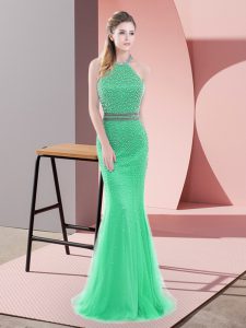 Stunning Green Mermaid Halter Top Sleeveless Tulle Sweep Train Backless Beading Prom Dresses
