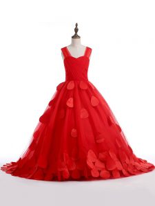 Red Straps Lace Up Appliques Pageant Dress for Womens Brush Train Sleeveless
