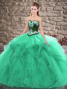 Turquoise Ball Gowns Tulle Sweetheart Sleeveless Beading and Embroidery Floor Length Lace Up Sweet 16 Dress