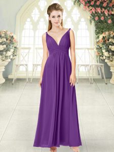 Beauteous Purple Zipper V-neck Ruching Evening Dress Chiffon Sleeveless