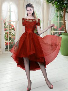 Superior Wine Red A-line Off The Shoulder Short Sleeves Tulle High Low Lace Up Lace Prom Gown
