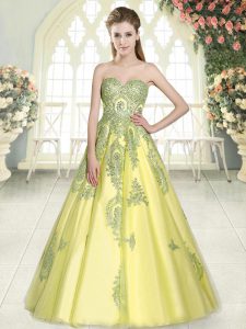 Yellow Green Sleeveless Appliques Floor Length Homecoming Dress