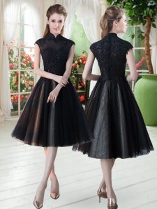 Black Cap Sleeves Tulle Zipper Evening Dress for Prom and Party