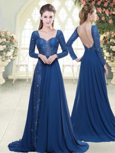 Noble Blue A-line Chiffon Sweetheart Long Sleeves Beading and Lace Zipper Prom Party Dress Sweep Train